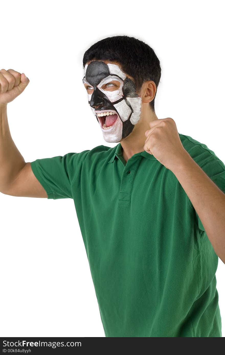 Football's fan with painted ball on face. He's on white background. Football's fan with painted ball on face. He's on white background.