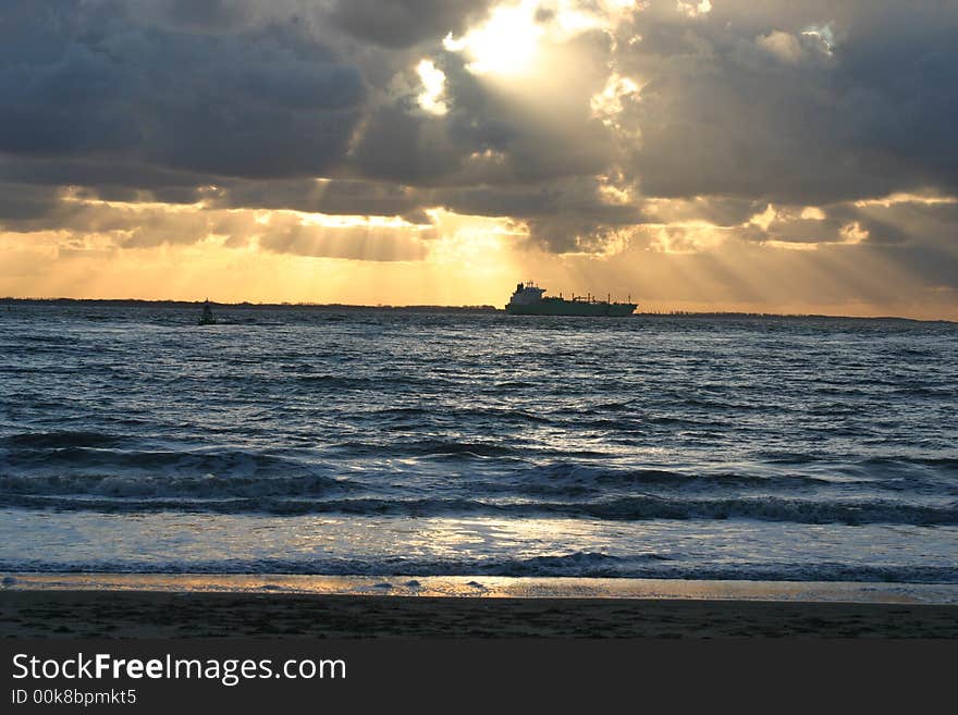 Sundown at sea, travelling by boat