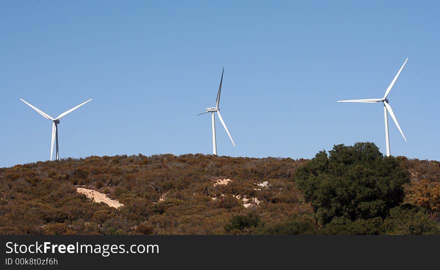 Three windmills with a center one facing the opposite direction. Three windmills with a center one facing the opposite direction.