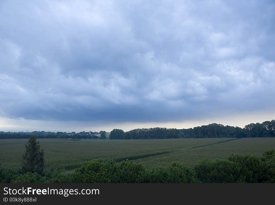 Landscape in the center of Tuscany, Italy. A thick pack of clouds ranging to just above the horizon, overlooking a green landscape with a nice foreground of bushes. Landscape in the center of Tuscany, Italy. A thick pack of clouds ranging to just above the horizon, overlooking a green landscape with a nice foreground of bushes.