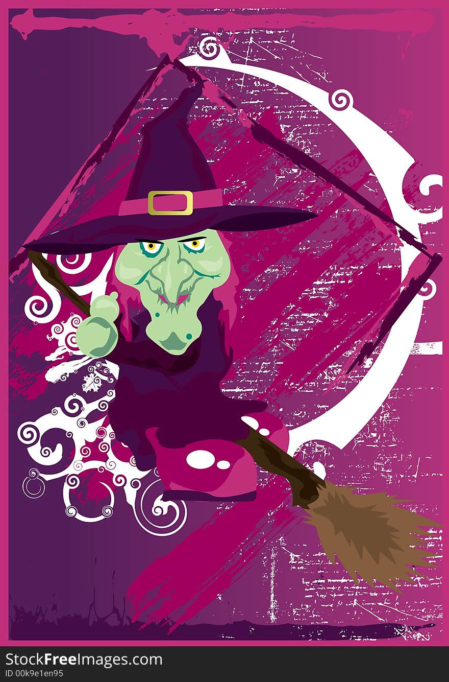 Cute Witch Riding Her Broomstick.