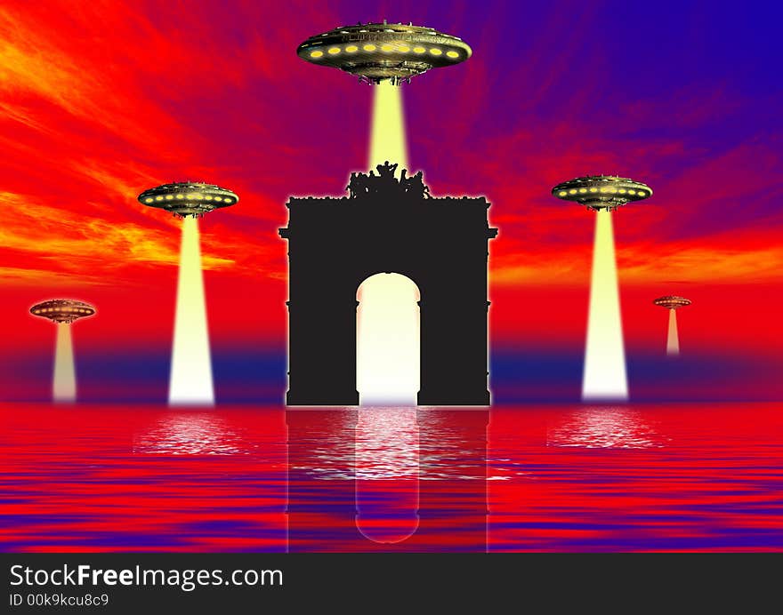 danger Ufo at night over the city landmarks