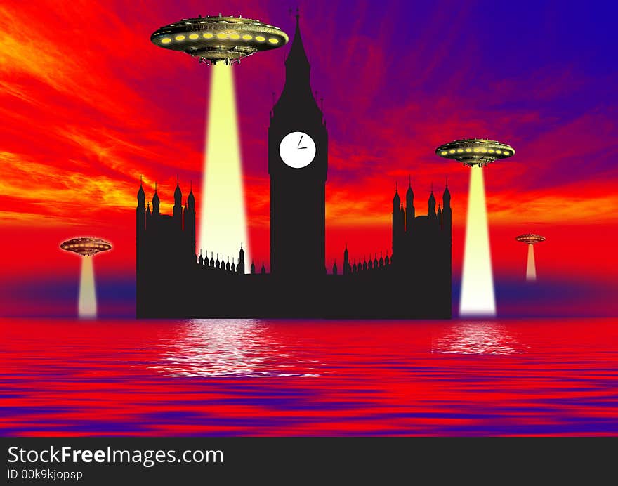 Ufo at night over the city landmarks in water. Ufo at night over the city landmarks in water.