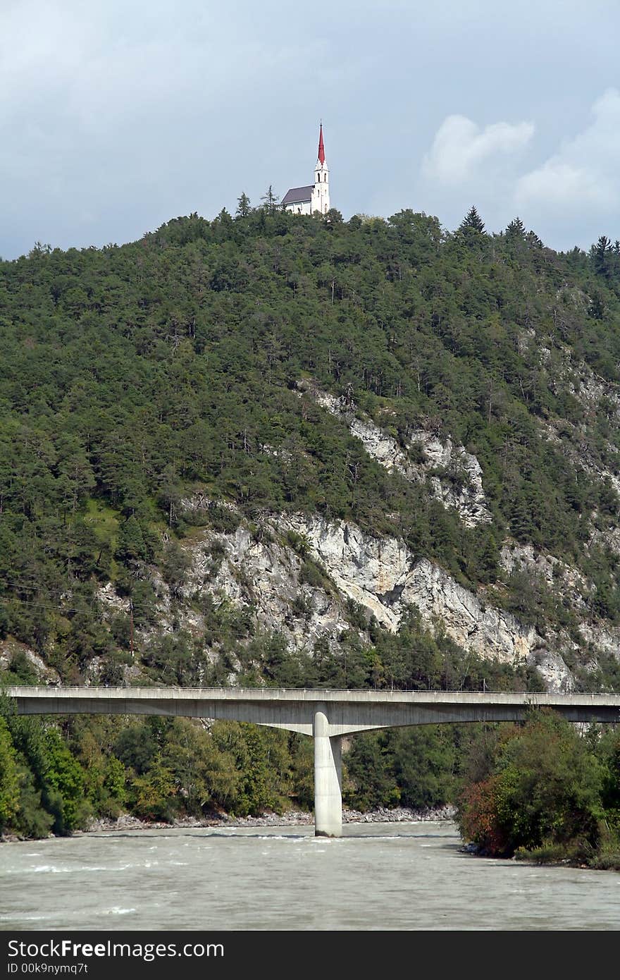 Bridge over the river and hill with Maria Locherboden church. Bridge over the river and hill with Maria Locherboden church