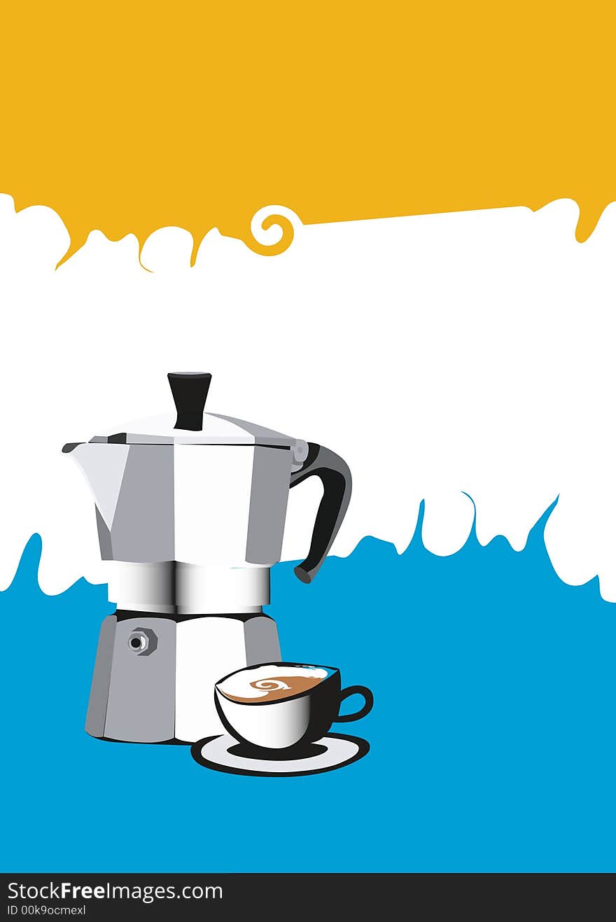 A coffee cup and moka express maker. A coffee cup and moka express maker