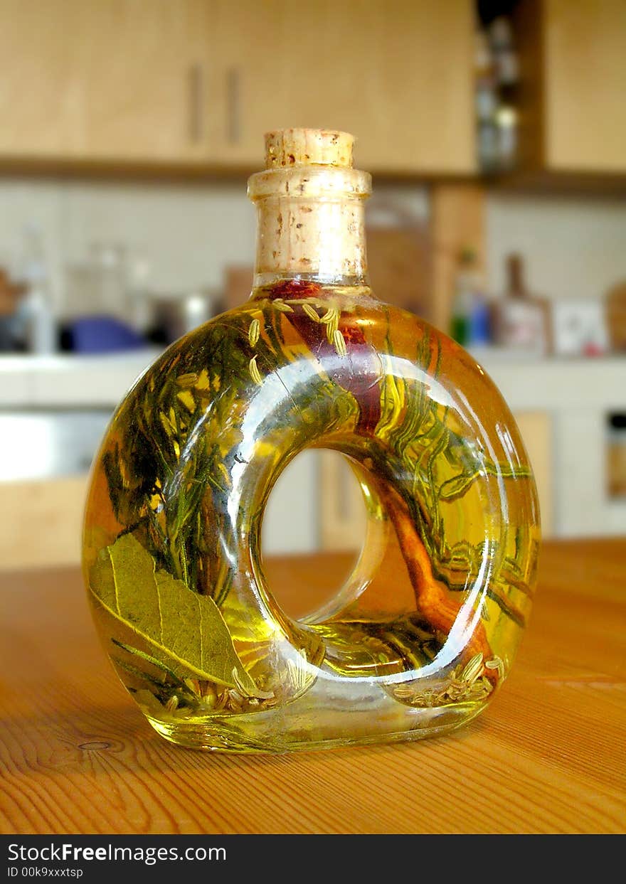 The bottle of seasoner in some oil