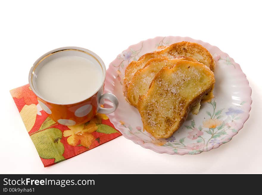 Toast and milk on a china plate