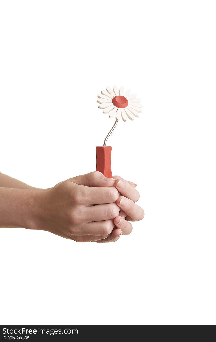 Girl handing a wooden flower over a white background