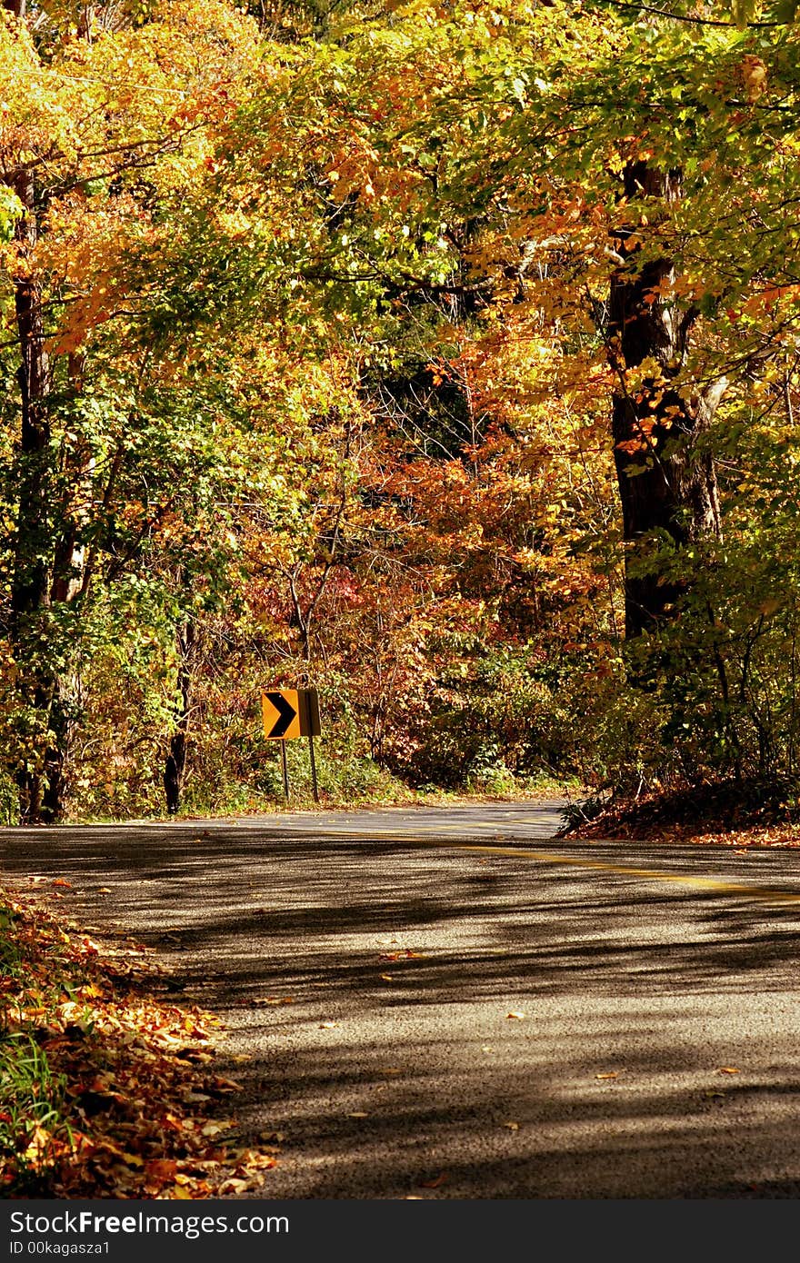 Brilliant display of fall colors with curved road. Brilliant display of fall colors with curved road