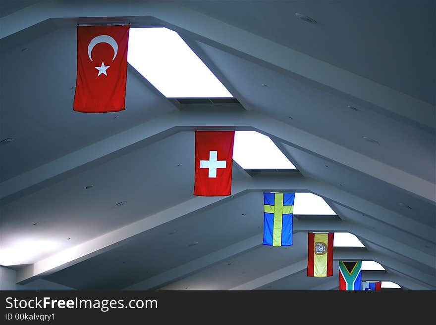 Row of flags in an airport