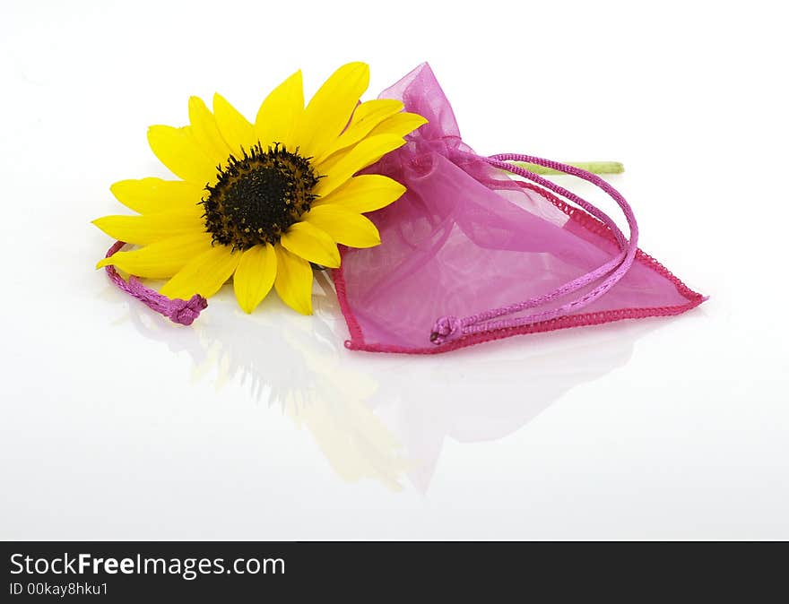 Easy to isolate sunlower and red gift bag on white background. Easy to isolate sunlower and red gift bag on white background