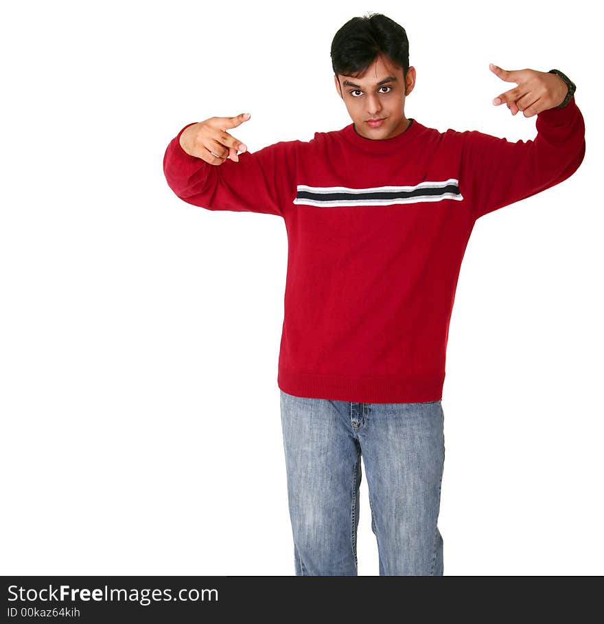 Isolated young indian man posing with fun style wearing casual dress over white. Isolated young indian man posing with fun style wearing casual dress over white