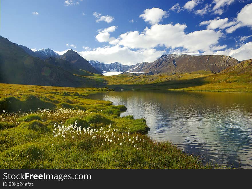 Evening mountain lake scenics, glacier and cloudscape