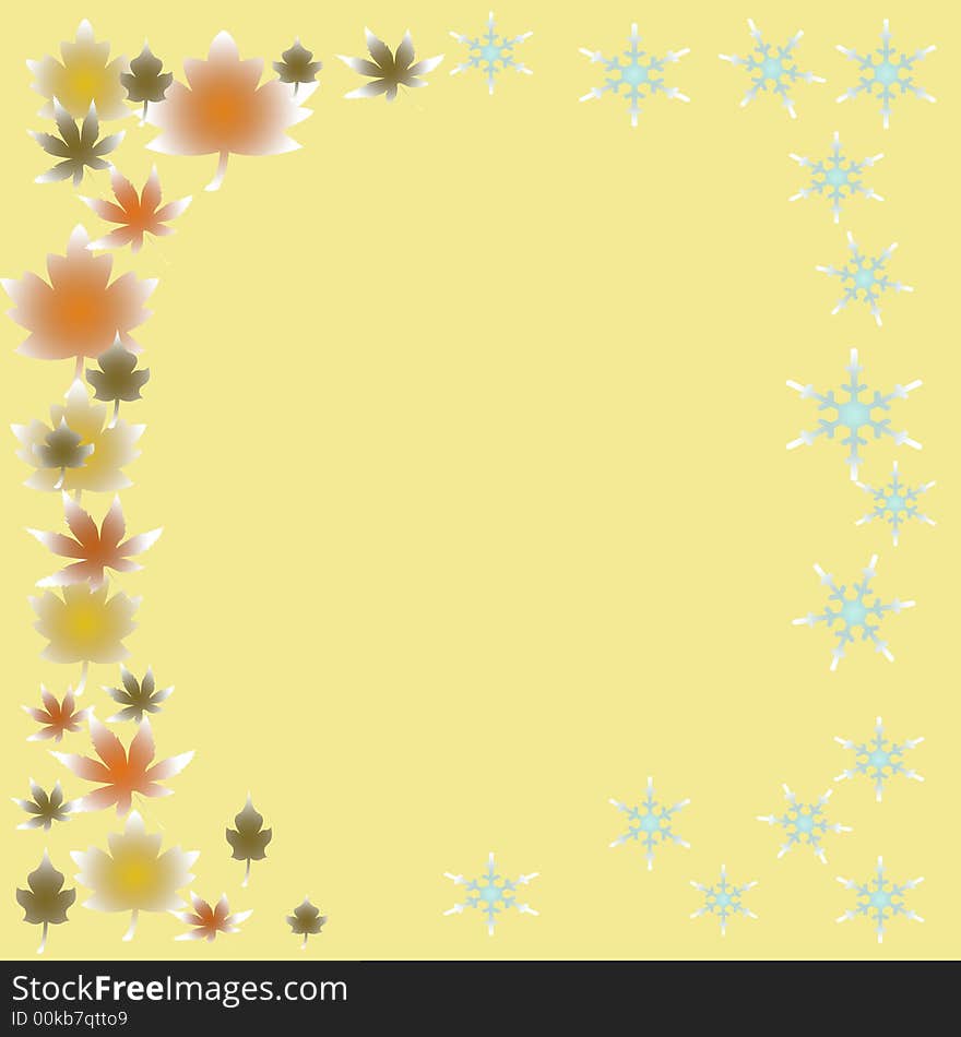 Note paper leaves and snowflakes frame on yellow background. Note paper leaves and snowflakes frame on yellow background