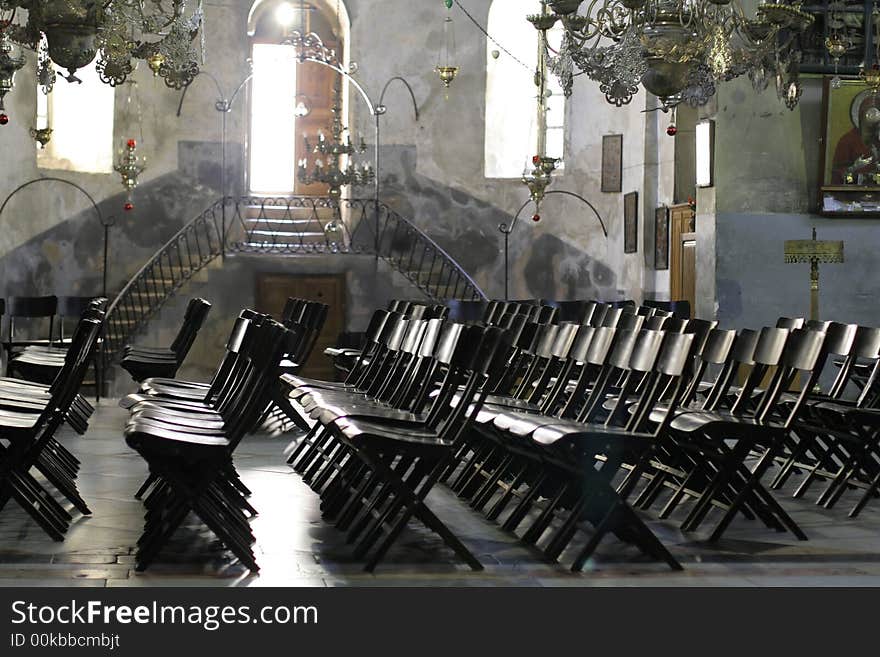 Chairs nativity church, bethlehem, west bank, palestine, israel