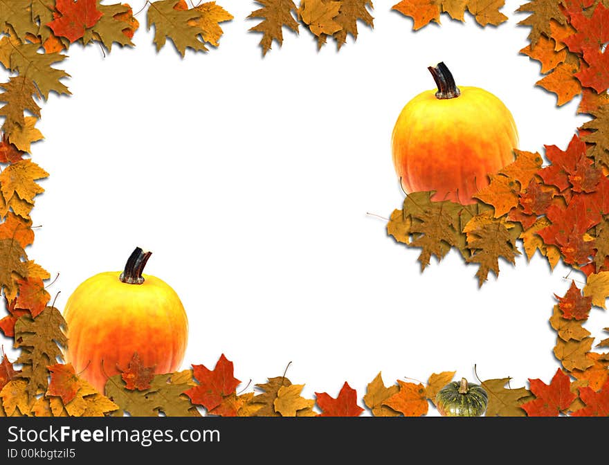 Colorful fall leaves and pumpkins on a white flat background. Colorful fall leaves and pumpkins on a white flat background