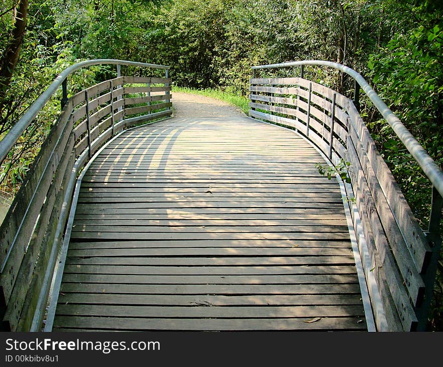 A particular bridge on a nice pond in a park. A particular bridge on a nice pond in a park