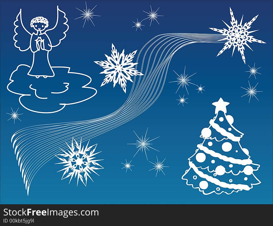 Angel and christmas tree with snowflakes