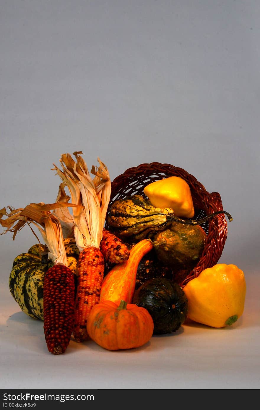 Fall harvest of pumpkin, corn, squash and goards in a basket