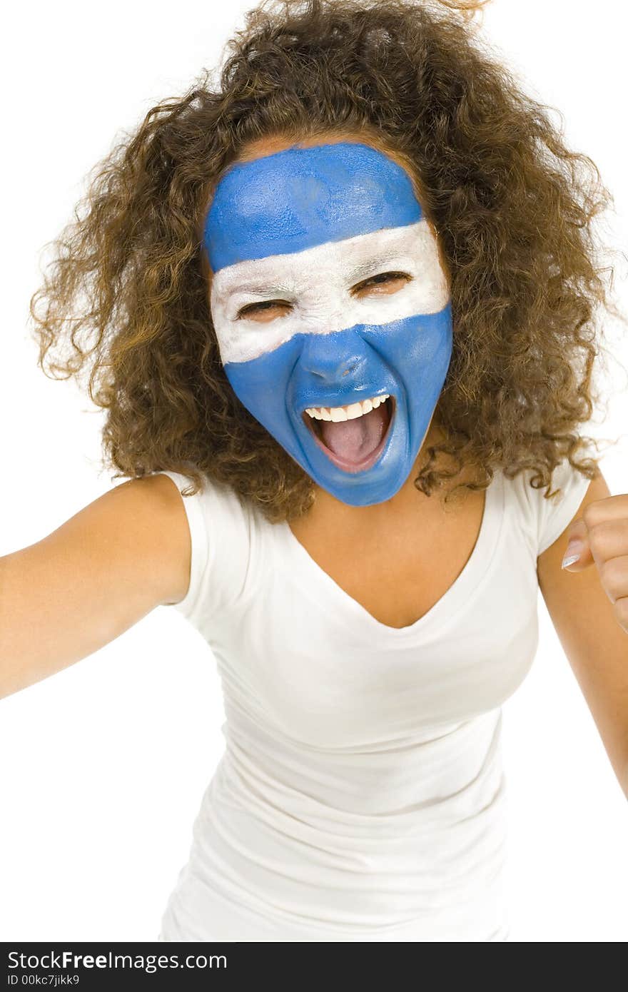 Young screaming Argentinian sport's fan with painted flag on face. Front view. Looking at camera, white background. Young screaming Argentinian sport's fan with painted flag on face. Front view. Looking at camera, white background