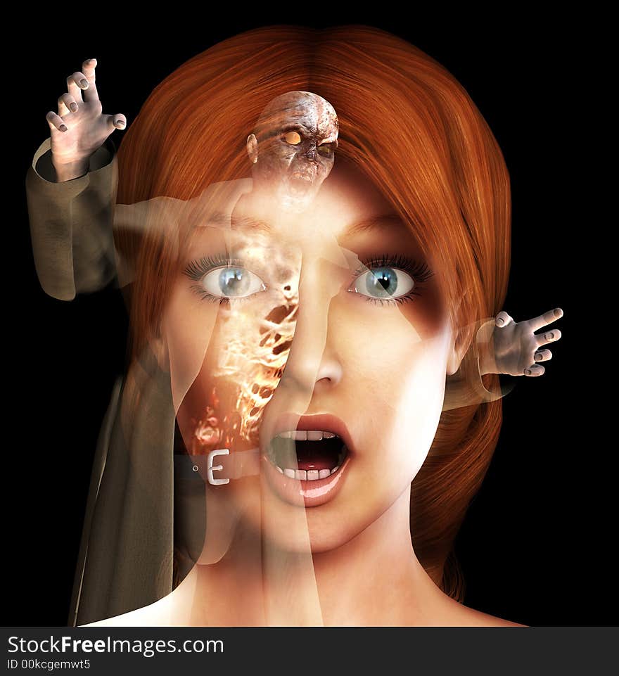 A conceptual image of a women in a state of fear or shock or pain as a zombie comes to get her. A conceptual image of a women in a state of fear or shock or pain as a zombie comes to get her.