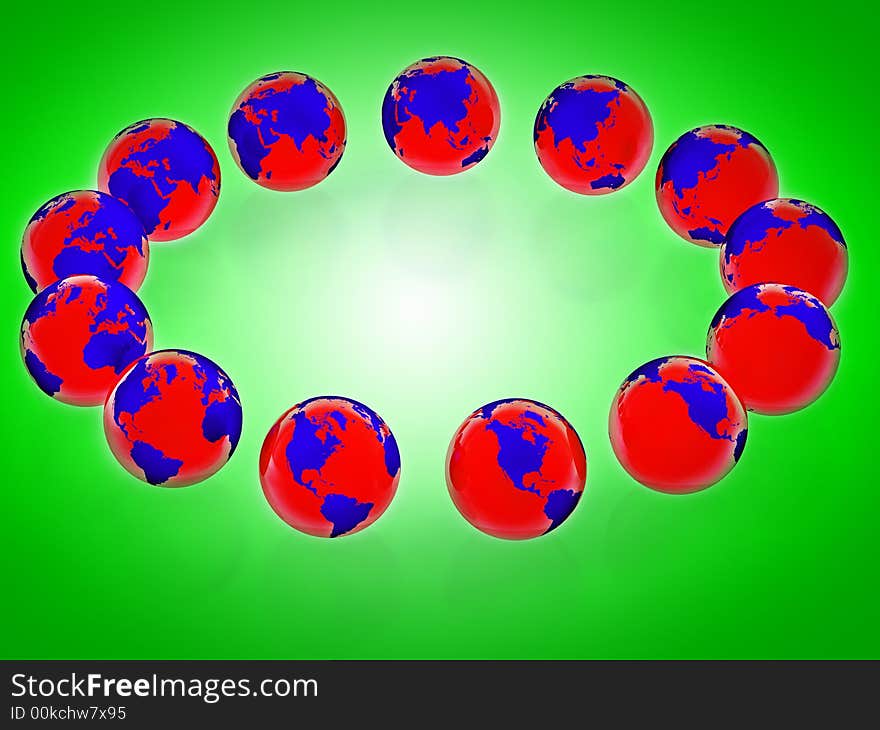 Time zone 12 spheres green background. Time zone 12 spheres green background