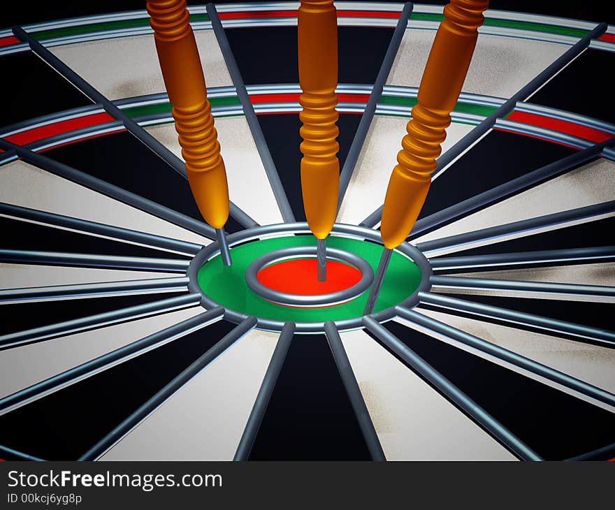 3d illustration of a dart board with 3 darts