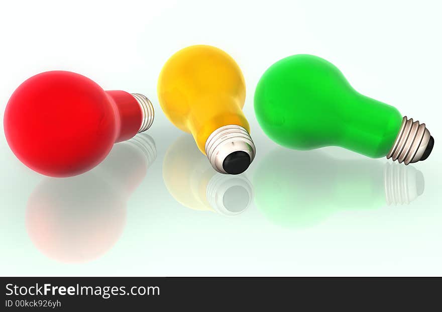 3 color light bulbs red, green, yellow 3d concept illustration. 3 color light bulbs red, green, yellow 3d concept illustration