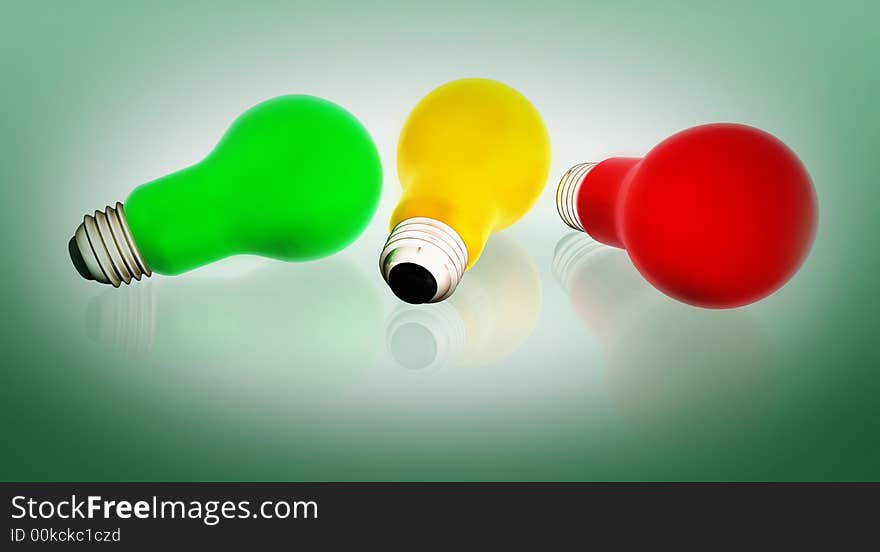 3 color light bulbs red, green, yellow 3d concept illustration. 3 color light bulbs red, green, yellow 3d concept illustration