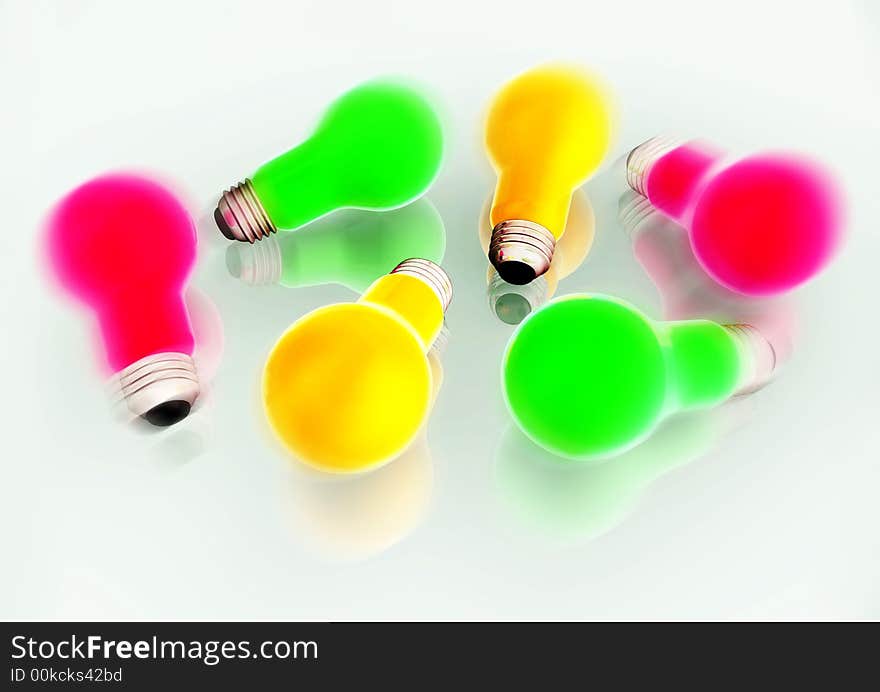 Color light bulbs red, green, yellow 3d concept illustration