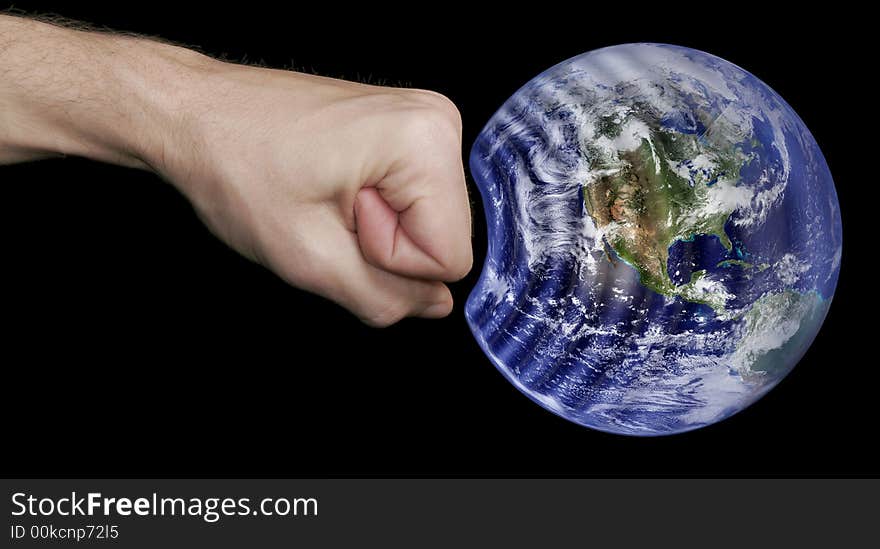 Fist Hitting The Earth, Caucasian Skin Tone, Black Background. Fist Hitting The Earth, Caucasian Skin Tone, Black Background