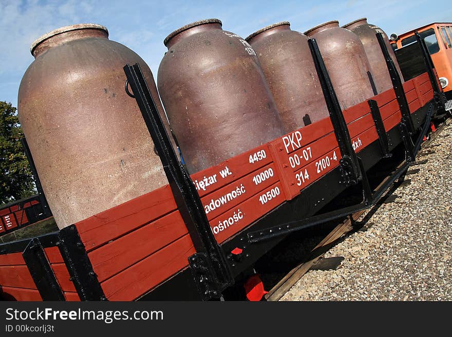 Train carriage with huge tanks on board