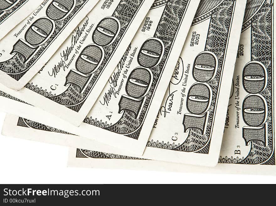American hundred dollar bills isolated on a white background