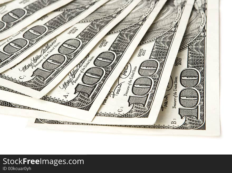 American hundred dollar bills isolated on a white background