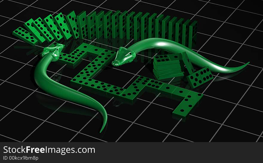 3d render of two snakes monsters and green domino cubes. 3d render of two snakes monsters and green domino cubes