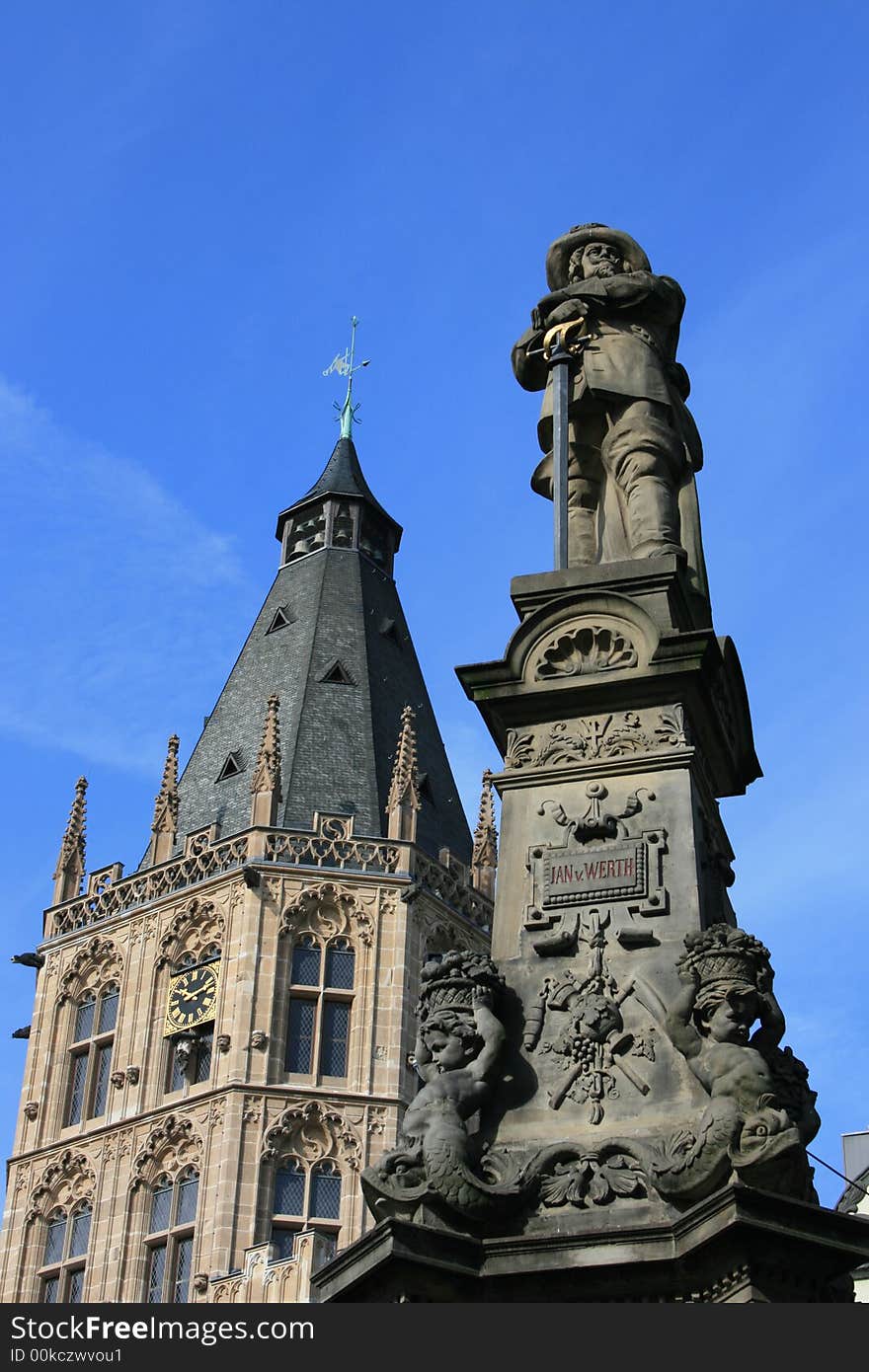 Statue in front of Cologne's Town Hall, Germany.