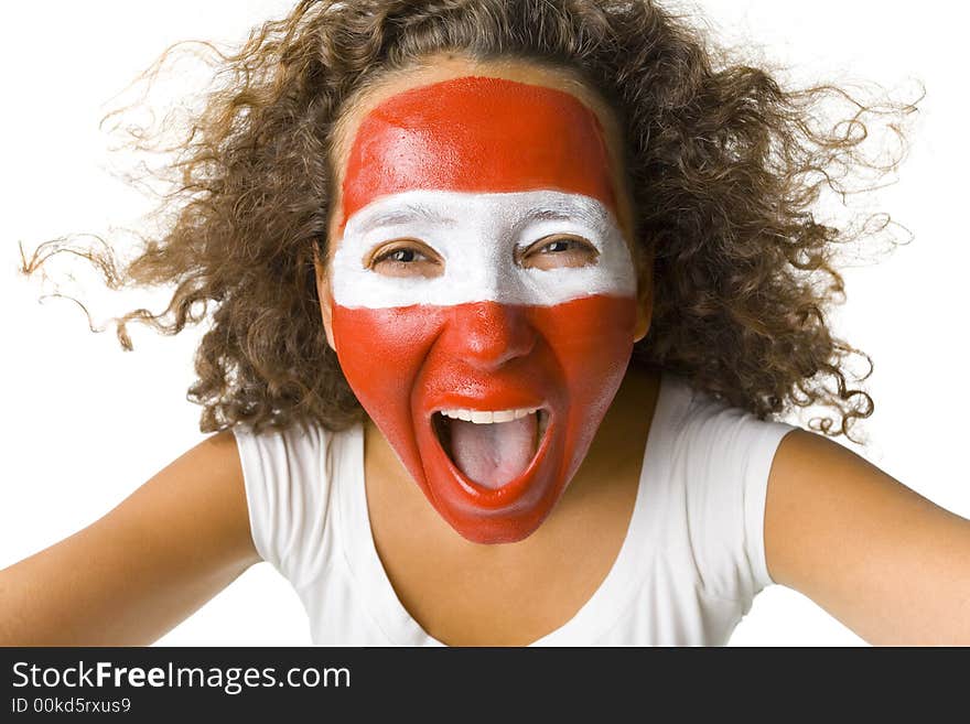 Young screaming Austrian sport's fan with painted flag on face. Front view. Looking at camera, white background. Young screaming Austrian sport's fan with painted flag on face. Front view. Looking at camera, white background