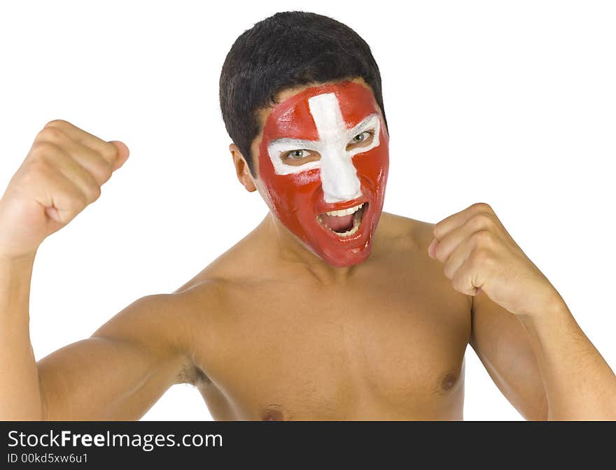 Young screaming and naked Swiss sport's fan with painted flag on face and with clenched fist. Front view. Looking at camera, white background. Young screaming and naked Swiss sport's fan with painted flag on face and with clenched fist. Front view. Looking at camera, white background