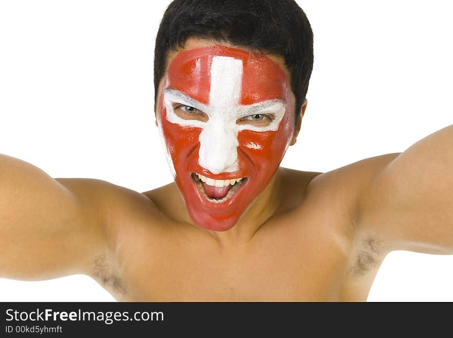 Young screaming and naked Swiss sport's fan with painted flag on face. Front view. Looking at camera, white background. Young screaming and naked Swiss sport's fan with painted flag on face. Front view. Looking at camera, white background