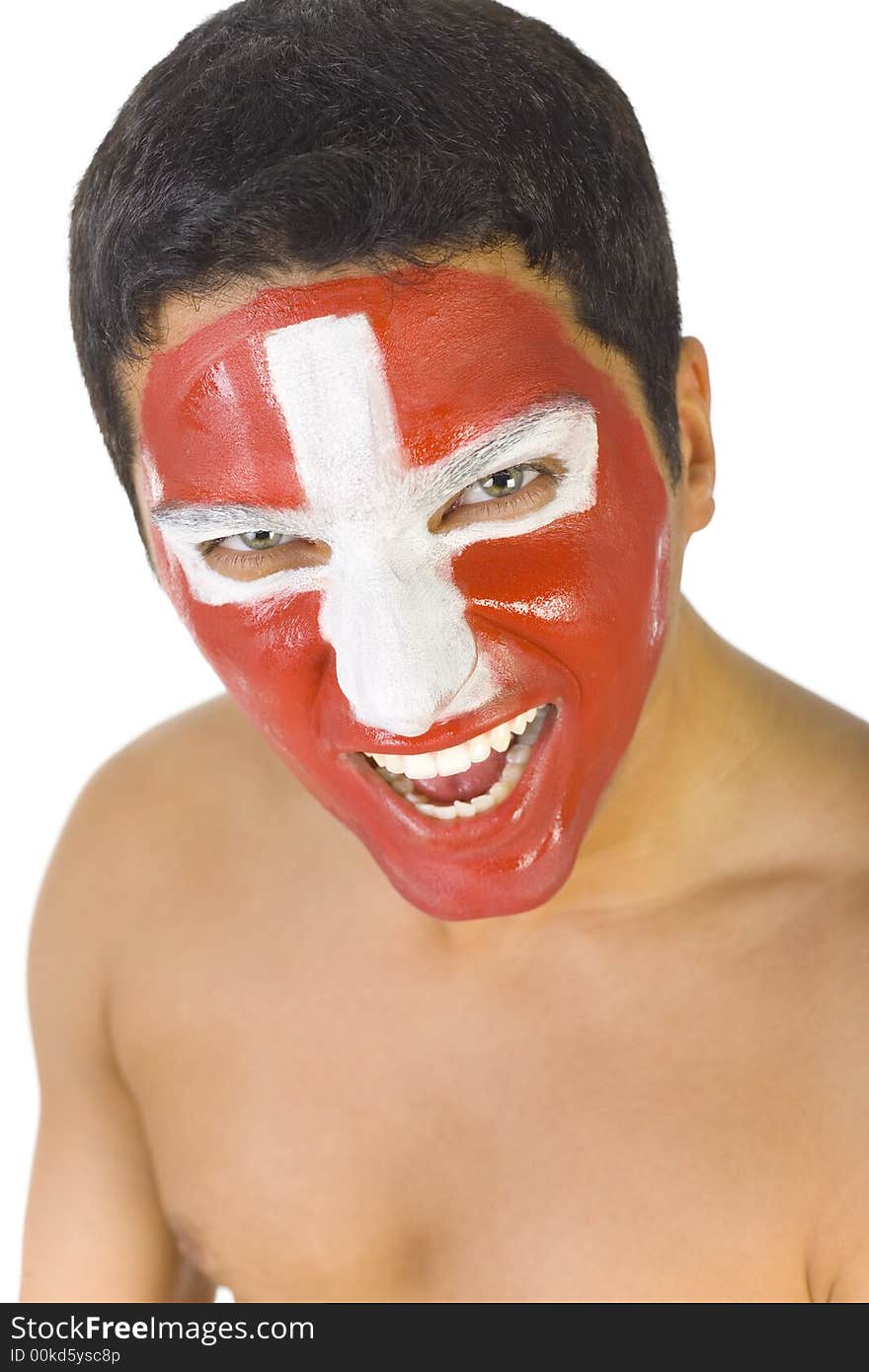 Young screaming and naked Swiss sport's fan with painted flag on face. Front view. Looking at camera, white background. Young screaming and naked Swiss sport's fan with painted flag on face. Front view. Looking at camera, white background