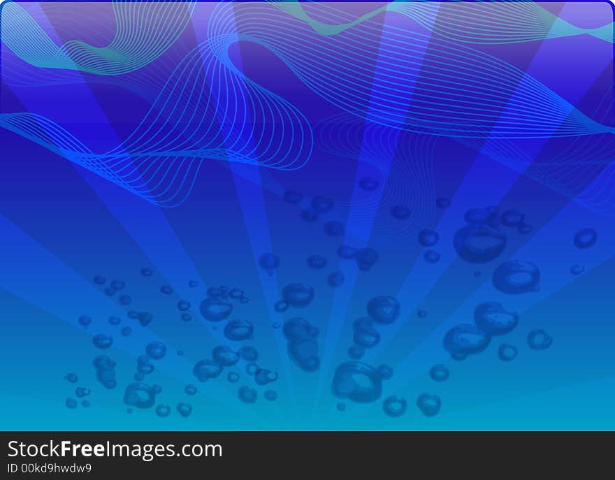 Deep blue sea, waves and sparkling bubbles, rays, underwater