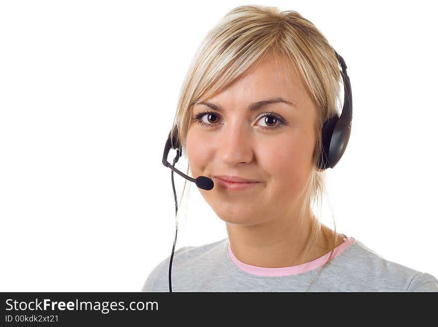 Young girl working with head phones. Young girl working with head phones