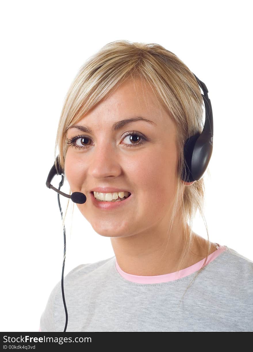 Young girl working with head phones. Young girl working with head phones