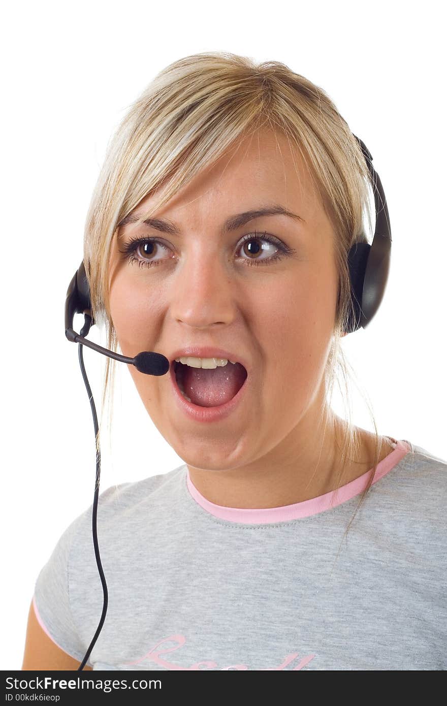 Young girl working with head phones. Young girl working with head phones