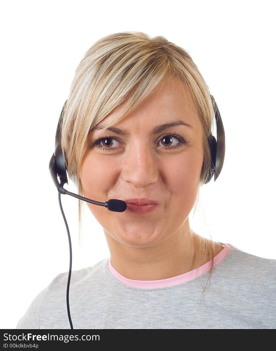 Young girl working with head phones. Young girl working with head phones