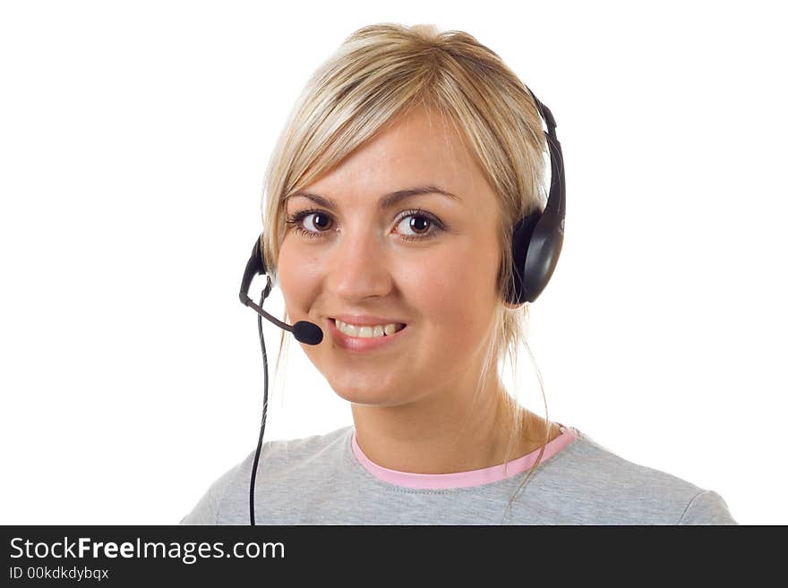 Young girl working with head phones. Young girl working with head phones