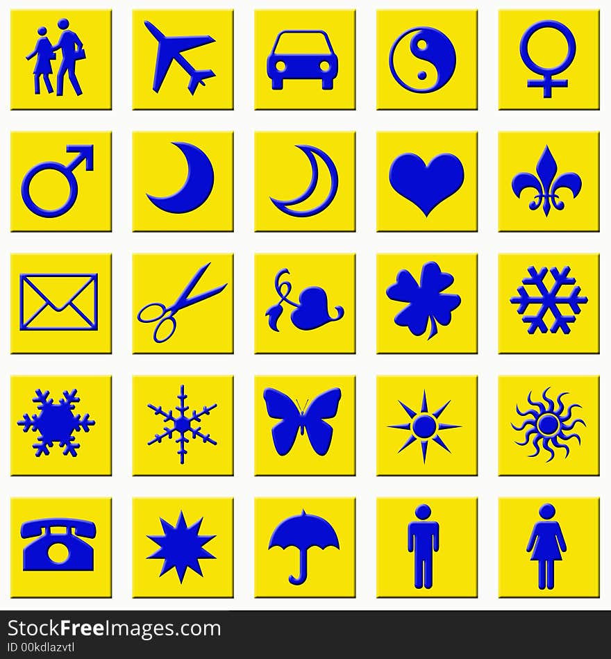 Blue useful icons - each of them on a yellow square. Blue useful icons - each of them on a yellow square