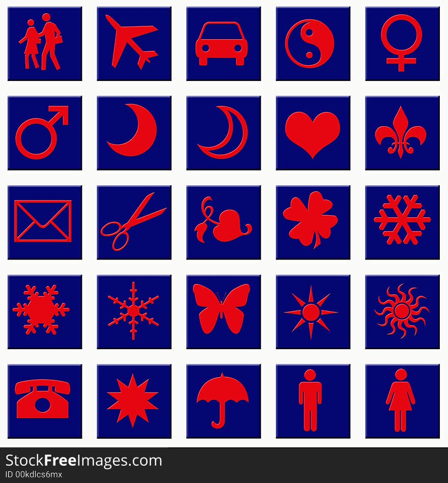 Red useful icons - each of them on a blue square. Red useful icons - each of them on a blue square