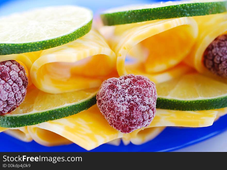 Delicious snack - lime, cheese and raspberry. Delicious snack - lime, cheese and raspberry