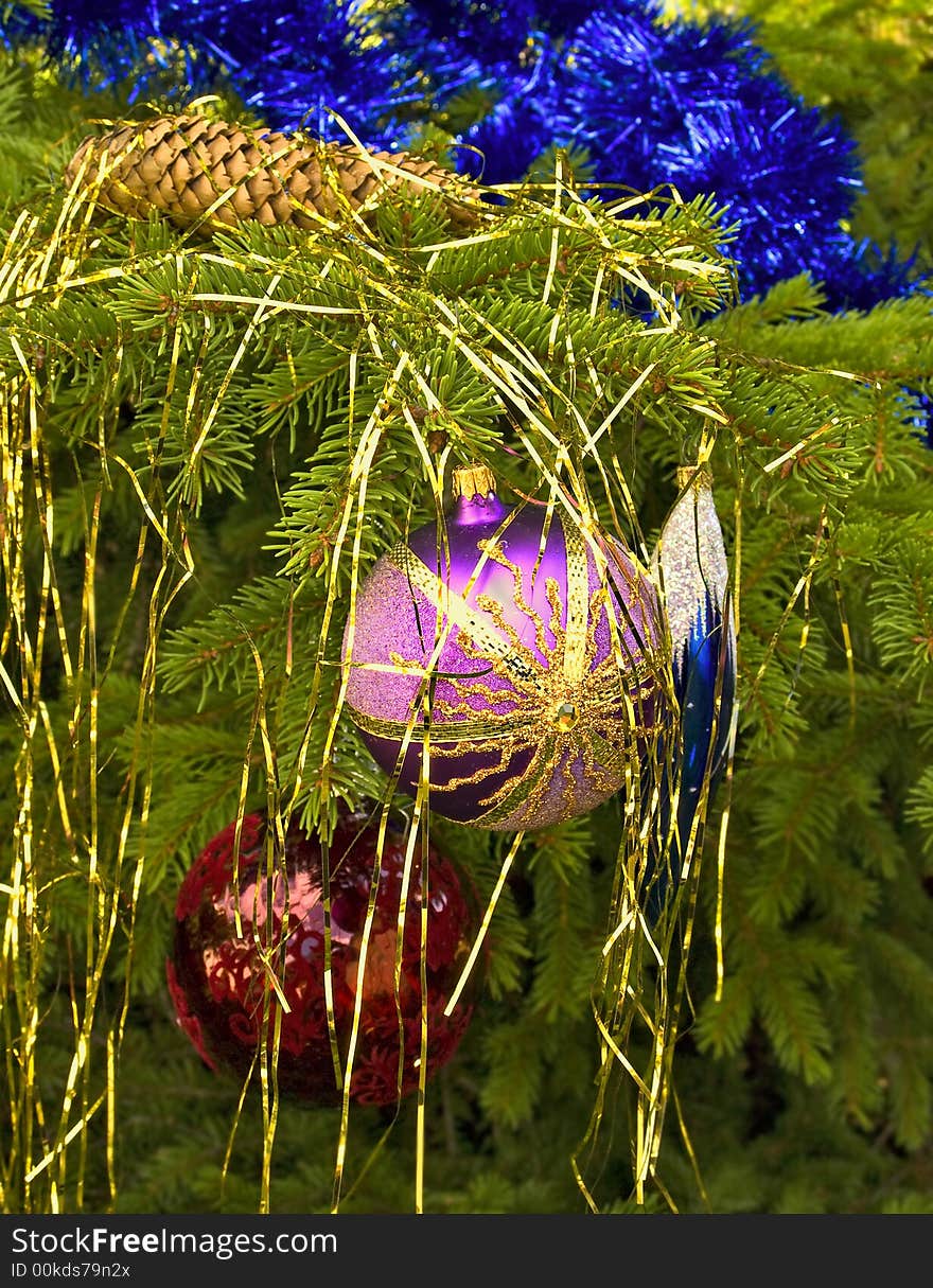 Christmas decorations on a fir tree